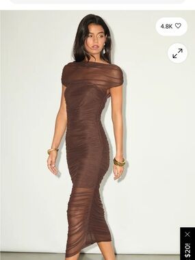 Lulus Sunama Brown Mesh Ruched Bodycon Midi Dress